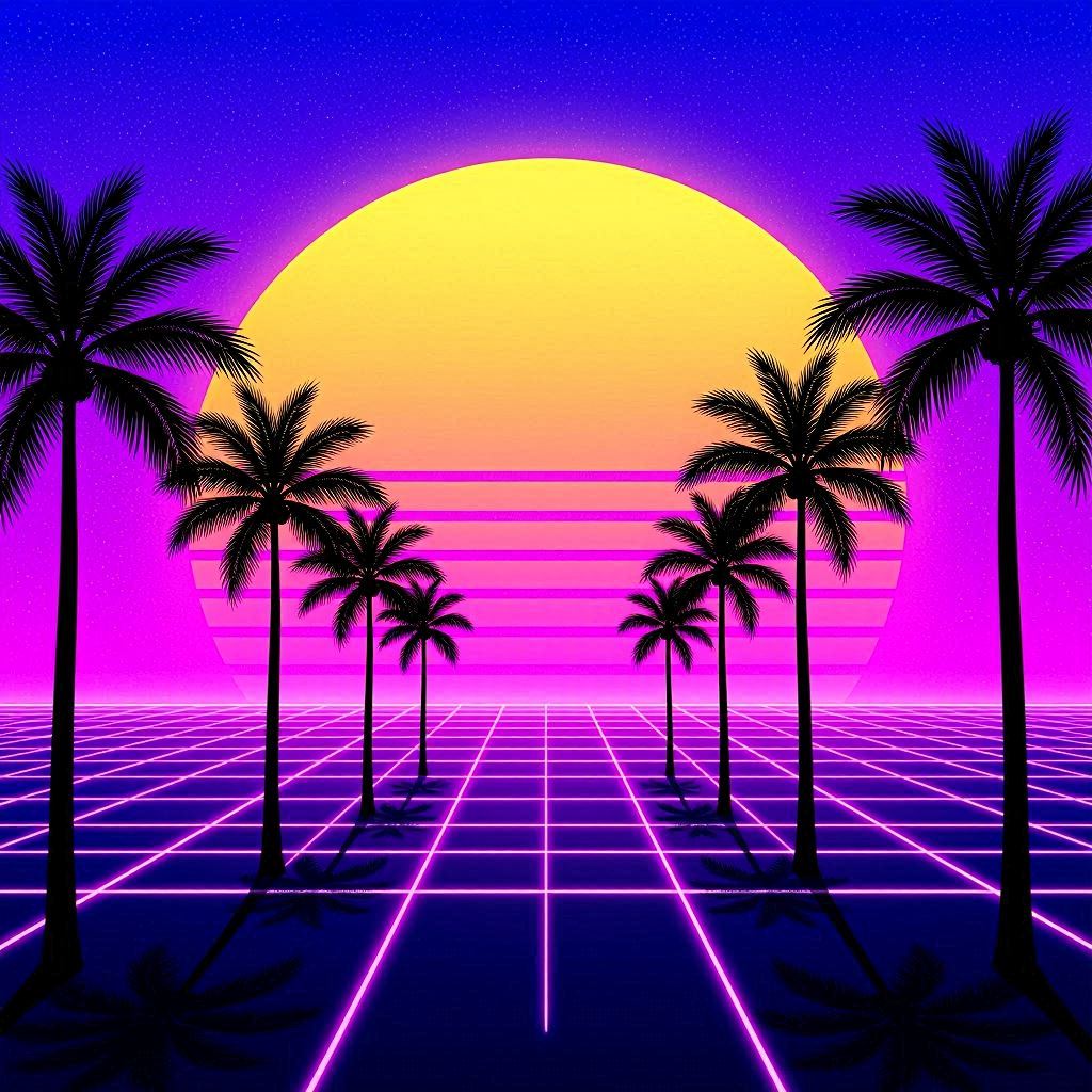 An 80s synthwave sunset with palm trees, grid horizon, and neon pink glow.